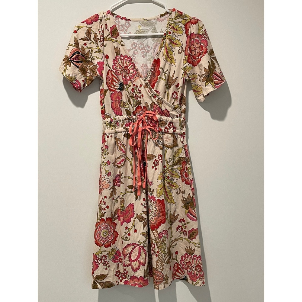 Spartina 449 XXS Floral Print Dress Short‎ Sleeve Pink Brown Wrap Style
